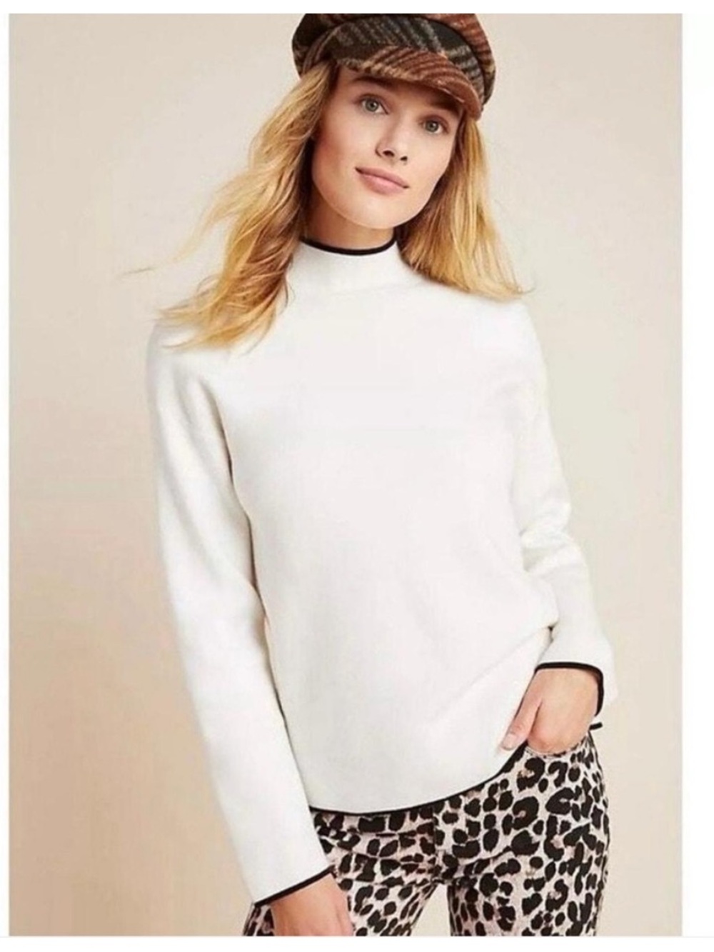 Maeve by Anthropologie Carys Mock-Neck Sweater - White w/ Black Trim - Small